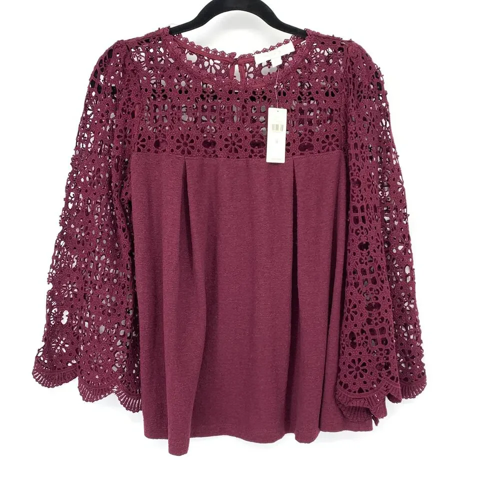 Anthropologie Eri + Ali Marigold Blouse Sz M Plum Crochet Yoke Flare Sleeves NEW